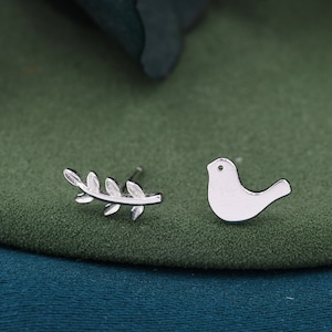 Mismatched Peace Dove and Olive Branch Stud Earrings in Sterling Silver, Asymmetric Bird and  Leaf Earrings
