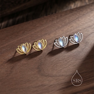 Lotus Flower Moonstone Stud Earrings in Sterling Silver, Silver or Gold, Lab Moonstone Lotus Earrings, Nature Inspired, Botanical Earrings image 5