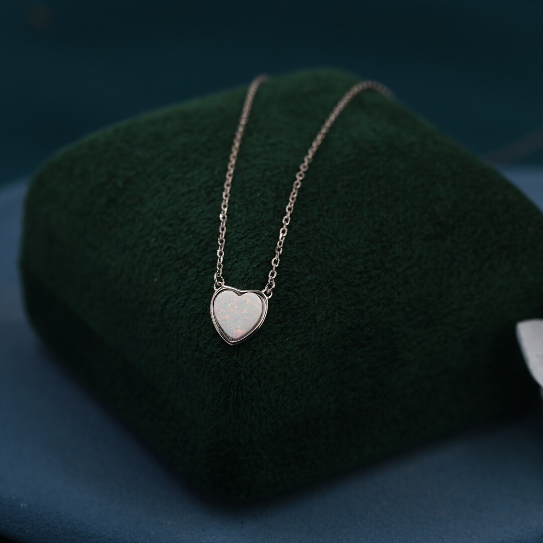 White Opal Heart Pendant Necklace in Sterling Silver, Minimalist