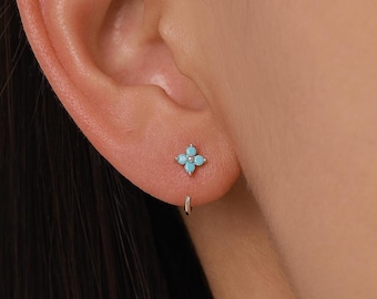 Turquoise Blue CZ Hydrangea Flower Open Huggie Hoop Earrings in Sterling Silver