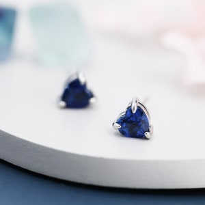 Sterling Silver Extra Dark Sapphire Blue Corundum Heart Stud Earrings, Tiny Heart Earrings, September Birthstone