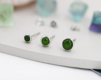 Sterling Silver Natural Jade Stud Earrings, 3mm, 4mm or 5mm, Genuine Jade Gemstone Stud, Bezel, Minimalist Style, Jasper Jade, Jasper Stone