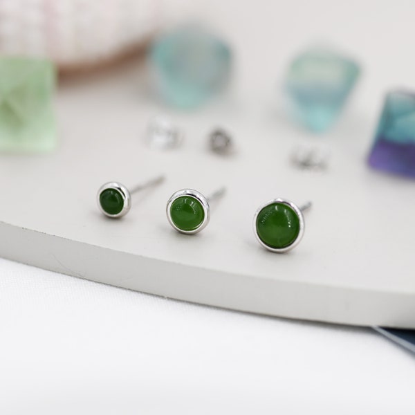 Boucles d'oreilles en argent sterling avec jade naturel, 3 mm, 4 mm ou 5 mm, clous d'oreilles en jade véritable avec pierres précieuses, lunette, style minimaliste, jade jaspe, pierre jaspe