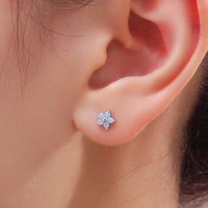 Tiny Opal Blue CZ Flower Stud Earrings in Sterling Silver, Silver or Gold,  Blue CZ Flower Stud Earrings, Forget me not Flower Earrings