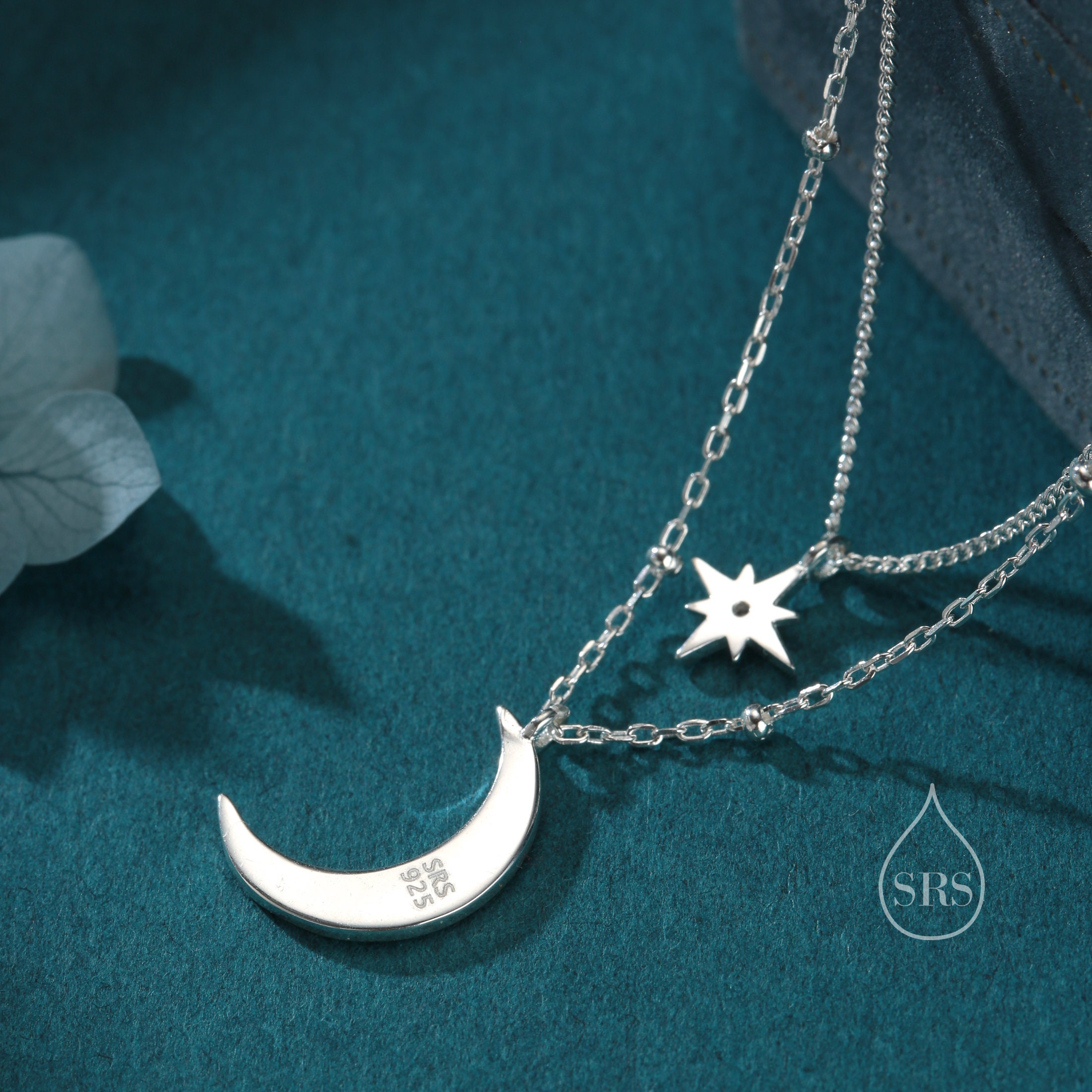 Two Layer Crescent Moon and Star Pendant Necklace in Sterling