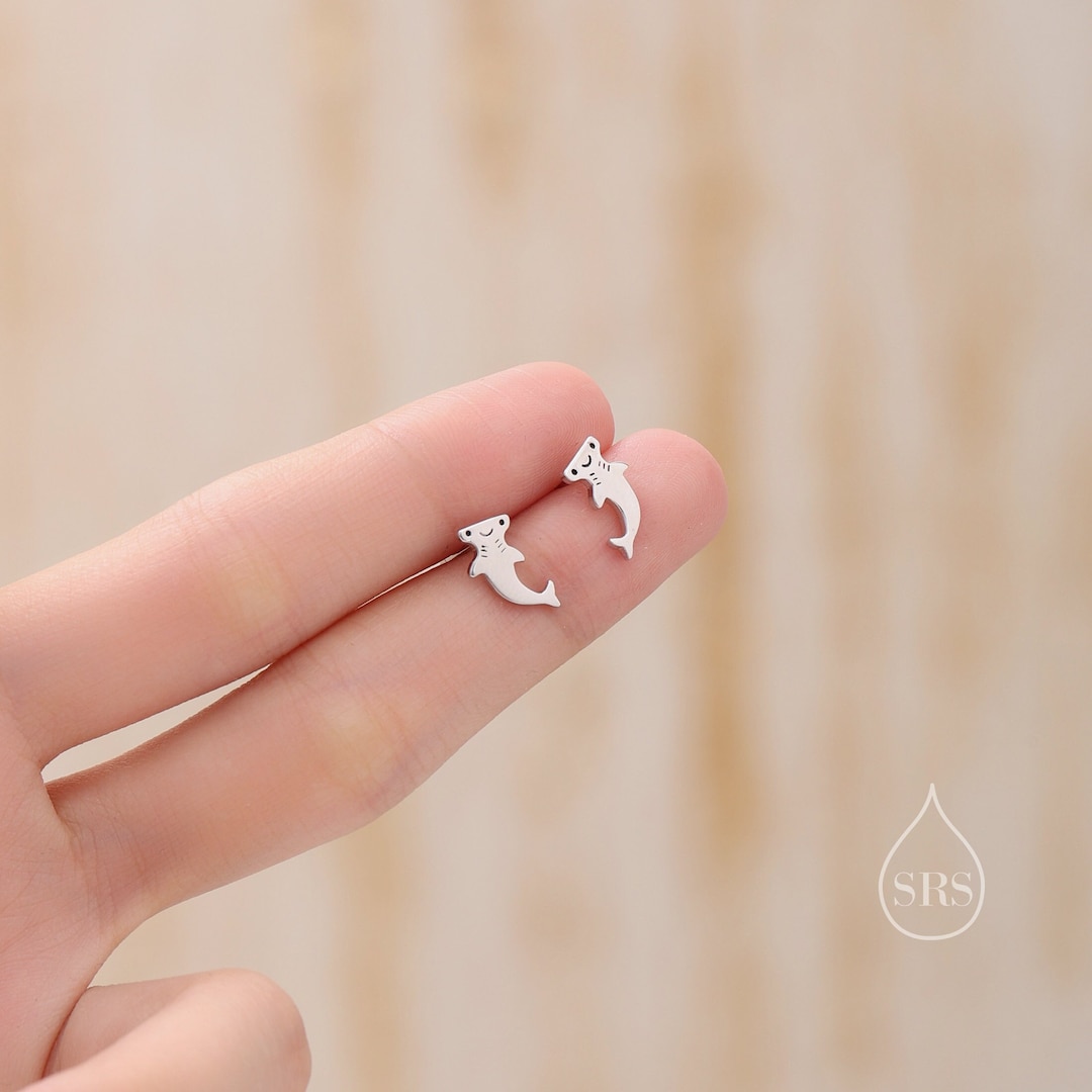 Kawaii Hammerhead Shark Stud Earrings in Sterling Silver, Silver or