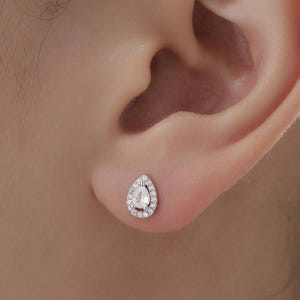 Tiny Droplet CZ Halo Stud Earrings in Sterling Silver, Silver or Gold, Tiny Pear Cut CZ Stud Earrings
