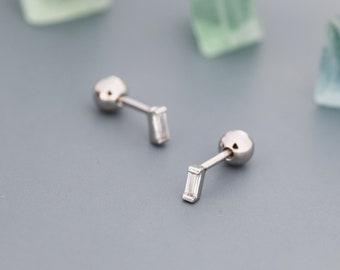 Extra Tiny Baguette CZ Screw Back Earrings in Sterling Silver, Silver or Gold, Geometric CZ Earrings, Stacking Earrings, Barbell Earrings