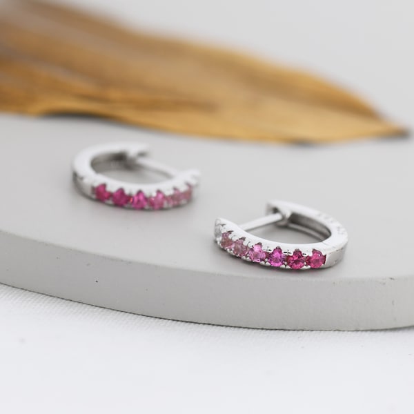 Ruby Pink Ombre CZ Huggie Hoops in Sterling Silver, Silver or Gold, Minimalist Hoop Earrings, 8mm Hoops, cartilage hoops, Gradient