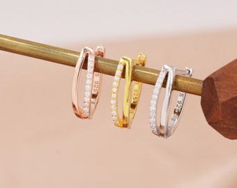 Double Huggie Hoop CZ Earrings in Sterling Silver, Geometric CZ Hoop Earrings, Silver, Gold or Rose Gold, 10mm, Minimalist Hoops