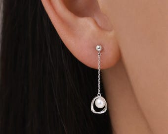 Genuine Freshwater Pearl and Mobius Circle Long Drop Earrings in Sterling Silver, Delicate Keshi Pearl Halo Earrings, Genuine Pearls