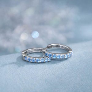 Aquamarine Blue CZ Huggie Hoop in Sterling Silver,  8mm Inner Diameter, Stacking Earrings, March Birthstone