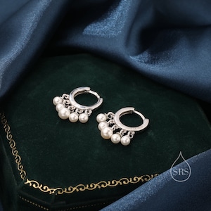 Perlmutt Huggie Hoop Ohrringe in Sterling Silber, Pearl Cluster Baumeln Ohrringe, Gold und Silber