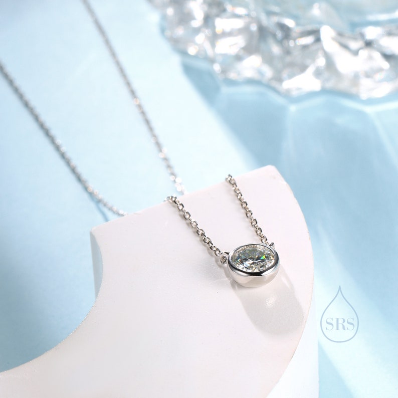 1 Carat Moissanite Solitaire Bezel Pendant Necklace in Sterling Silver, 1 Ct Moissanite Diamond Bubble Necklace, 6.5mm Moissanite image 6