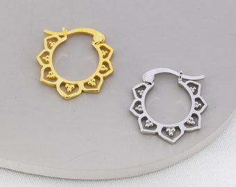 Lotus Flower Hoop Earrings in Sterling Silver, Silver or Gold, Vintage Inspired Design, Lace Hoop Earrings