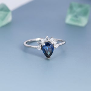 Pear Cut Sapphire Blue CZ Crown Ring in Sterling Silver, Vintage Inspired Design, US 5 - 8, September Birthstone