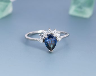 Pear Cut Sapphire Blue CZ Crown Ring in Sterling Silver, Vintage Inspired Design, US 5 - 8, September Birthstone
