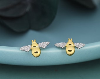 Orecchini a bottone a forma di ape in argento sterling, argento, oro o oro rosa, orecchini a forma di ape bicolore, ispirati alla natura.