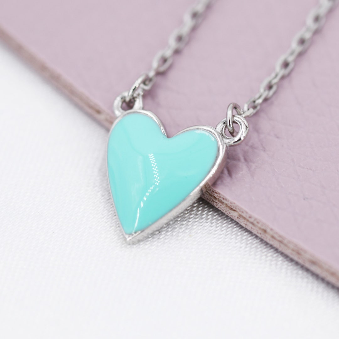 Teal Blue Enamel Heart Pendant Necklace in Sterling Silver