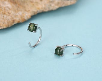Sterling Silver Moss Agate Open Hoop Earrings