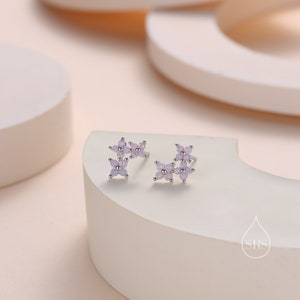 Tiny Hydrangea Bouquet CZ Stud Earrings in Sterling Silver, Silver or Gold, Opal Blue or Opal Pink, Three CZ Flower Earrings, CZ Cluster image 2