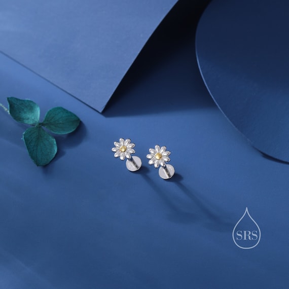 Daisy Internally Threaded Flat Back/ Screw Back /Stud Earrings in Sterling  Silver, Flower Barbell Earrings, Daisy Screw Back Earring