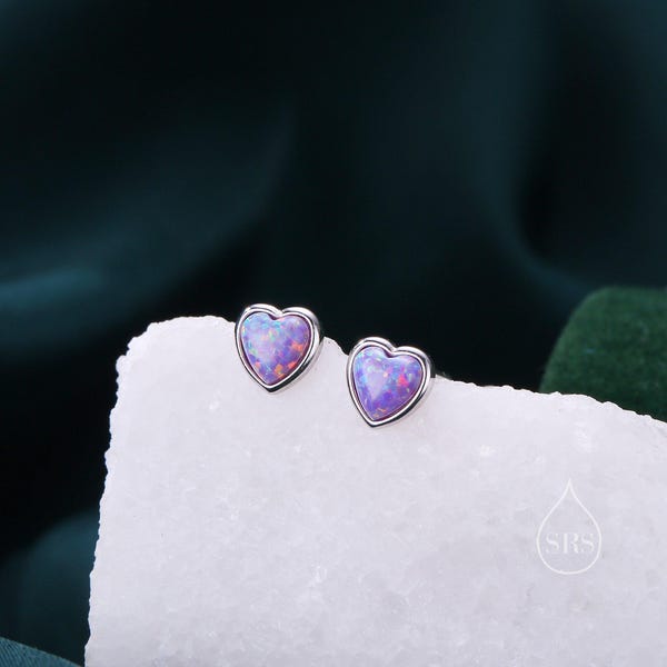 Purple Opal Heart Stud Earrings in Sterling Silver, Opal Heart Earrings, Silver or Gold, Heart Earrings, Aqua Blue Opal Earrings
