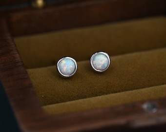 Sterling Silver Blue Opal White Opal Stone Crystal Stud Earrings. Round Minimalist Dot Geometric Design. bridesmaid jewellery.