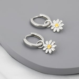 Little Daisy Flower Charmed Hoop Earrings in Sterling Silver Cute Flower Blossom Huggie Hoop Earrings Fun, Whimsical image 1