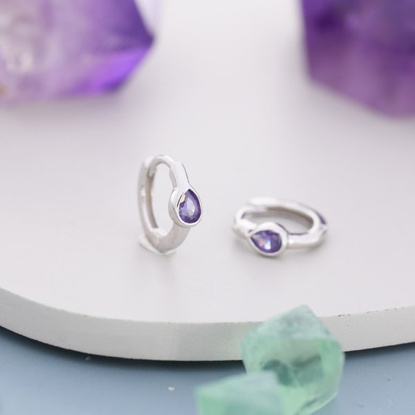 Amethyst Purple Pear Cut CZ Huggie Hoop in Sterling Silver, Silver or Gold, Minimalist Simple Amethyst Purple Hoop Earrings