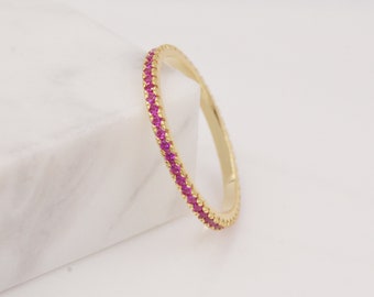 Ruby Skinny Crystal Band Ring in Sterling Silver, Gold Vermeil Crystal Pave Ring, Stacking Rings, US 5 - 8