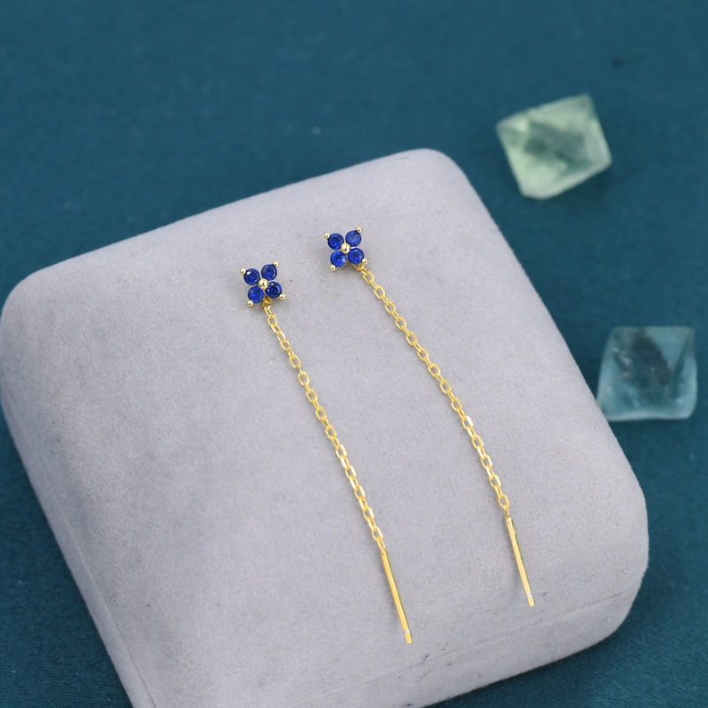 Sapphire Blue Hydrangea Flower CZ Threader Earrings in Sterling Silver, Silver or Gold, Four Dot Crystal Ear Threaders, Flower CZ Earrings image 4