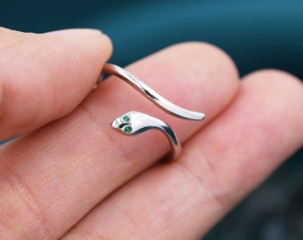 Snake Wrap Ring in Sterling Silver - Emerald Green Eyed Snake Ring - Adjustable and Available in Three Sizes