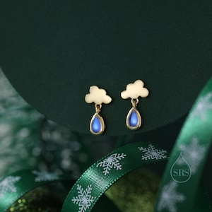 Dainty Cloud y Moonstone Raindrop Stud Pendientes en plata de ley, plata u oro, pendientes de nube, pendientes de gota de piedra lunar imagen 1