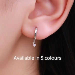 Extra Tiny CZ Huggie Hoop Earrings in Sterling Silver, Silver or Gold, Geometric Hoop Earrings, Green, Blue, Pink, Purple or Clear CZ