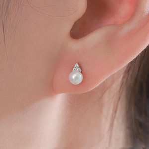 Genuine Freshwater Pearl CZ Trio Stud Earrings in Sterling Silver, Delicate Tiny Pearl and CZ Earrings,  Trinity Pearl, Genuine Pearls.