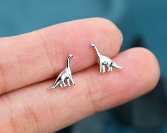 Small Dinosaur Stud Earrings in Sterling Silver, Silver Brachiosaurus Dino Earrings, Silver Dinosaur Earrings