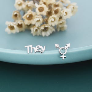 May include: Silver-toned earrings. One earring spells out the word "They" in a cursive font. The other earring is a symbol of the transgender community. The earrings are on a blue plate with dried flowers in the background.