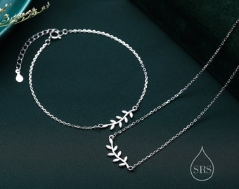 Delicate Leaf Bracelet and Necklace in Sterling Silver, Olive Brach Necklace,  Nature Inspired Tree Leaf Bracelet and Necklace