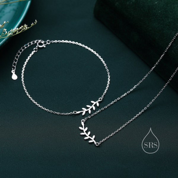 Zartes Blatt Armband und Halskette aus Sterling Silber, Olive Brach Halskette, Natur Inspiriertes Baum Blatt Armband und Halskette