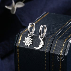 Dangling Sun and Moon with Face Hoop in Sterling Silver, Mismatched Pair, Silver or Gold, Sun Face Earrings, Detachable and Interchangeable image 1