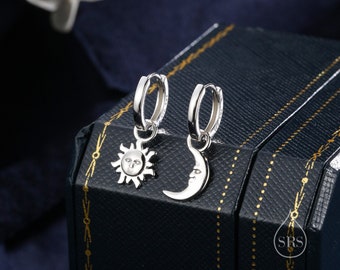 Dangling Sun and Moon with Face Hoop in Sterling Silver, Mismatched Pair, Silver or Gold, Sun Face Earrings, Detachable and Interchangeable