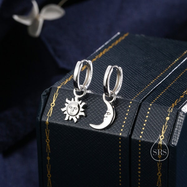 Dangling Sun and Moon with Face Hoop in Sterling Silver, Mismatched Pair, Silver or Gold, Sun Face Earrings, Detachable and Interchangeable