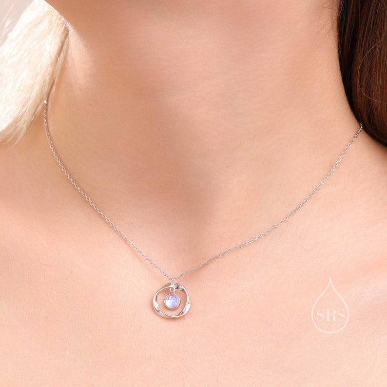 Moonstone and Mobius Circle Pendant Necklace in Sterling Silver, Silver or Gold, Mobius Strip Necklace with Simulated Moonstone image 2