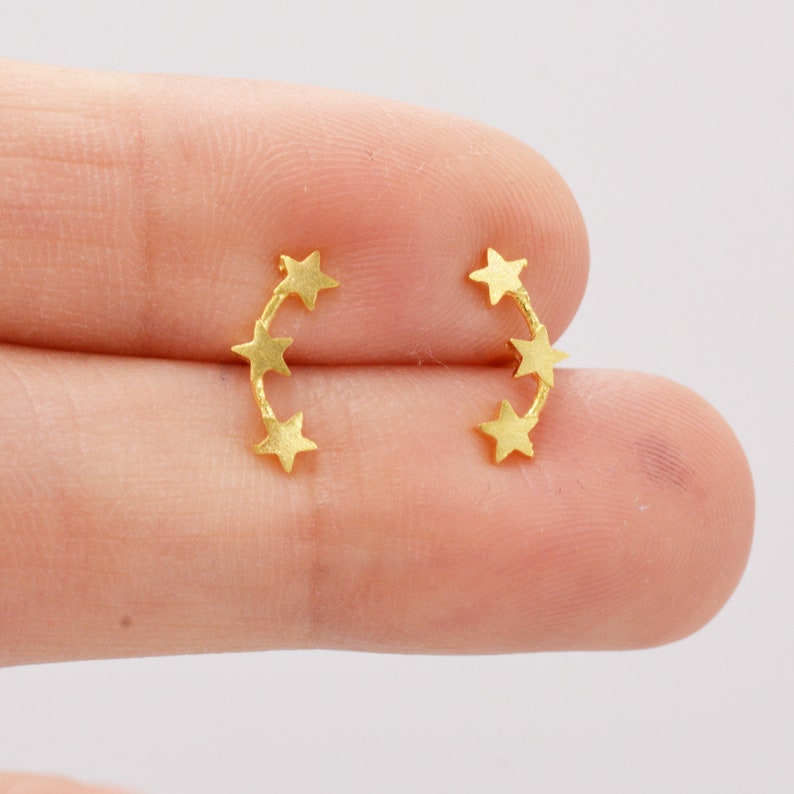 Tiny Star Trio Constellation Sterling Silver Dainty Stud Earrings, Available in Gold, Rose Gold and Silver, Tiny Star crawlers zdjęcie 4