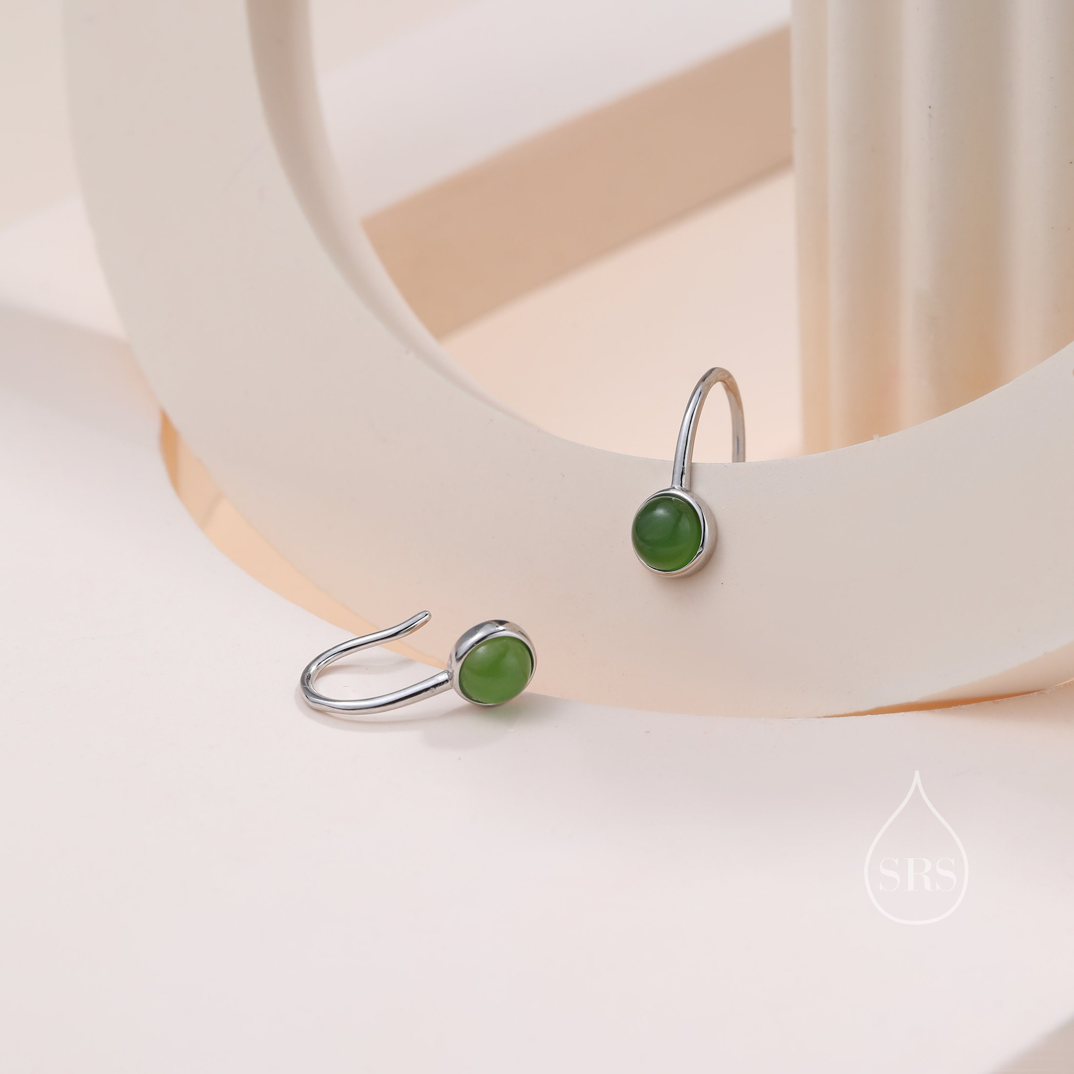 Natural Green Jade & White Pearl 925 Sterling Silver Hook Earrings - Handmade Oval Design