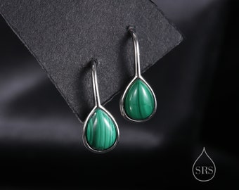 Echte Malachiet Pear Cut Drop Hook Oorbellen in Sterling Zilver, Delicate Natuurlijke Groene Malachiet Oorbellen, Pear Droplet Malachiet Oorbellen