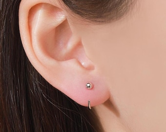 Minimalist Ball Huggie Hoop Threader Earrings in Sterling Silver, 6mm and 8mm, Silver, Gold or Rose Gold Finish, Pull Through Open Hoops