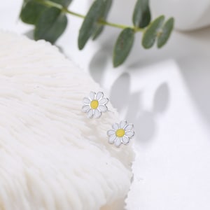Enamel Daisy Flower Stud Earrings in Sterling Silver, Daisy Flower Earrings, Tiny Flower Earrings image 8