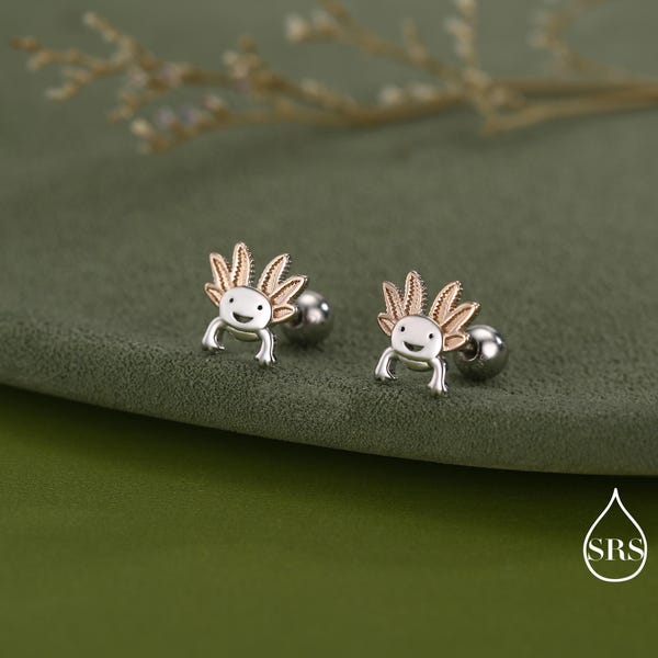 Kolczyki z zapięciem na śrubę Tiny Axolotl 18G ze srebra próby 925 – kolczyki ze zwierzętami